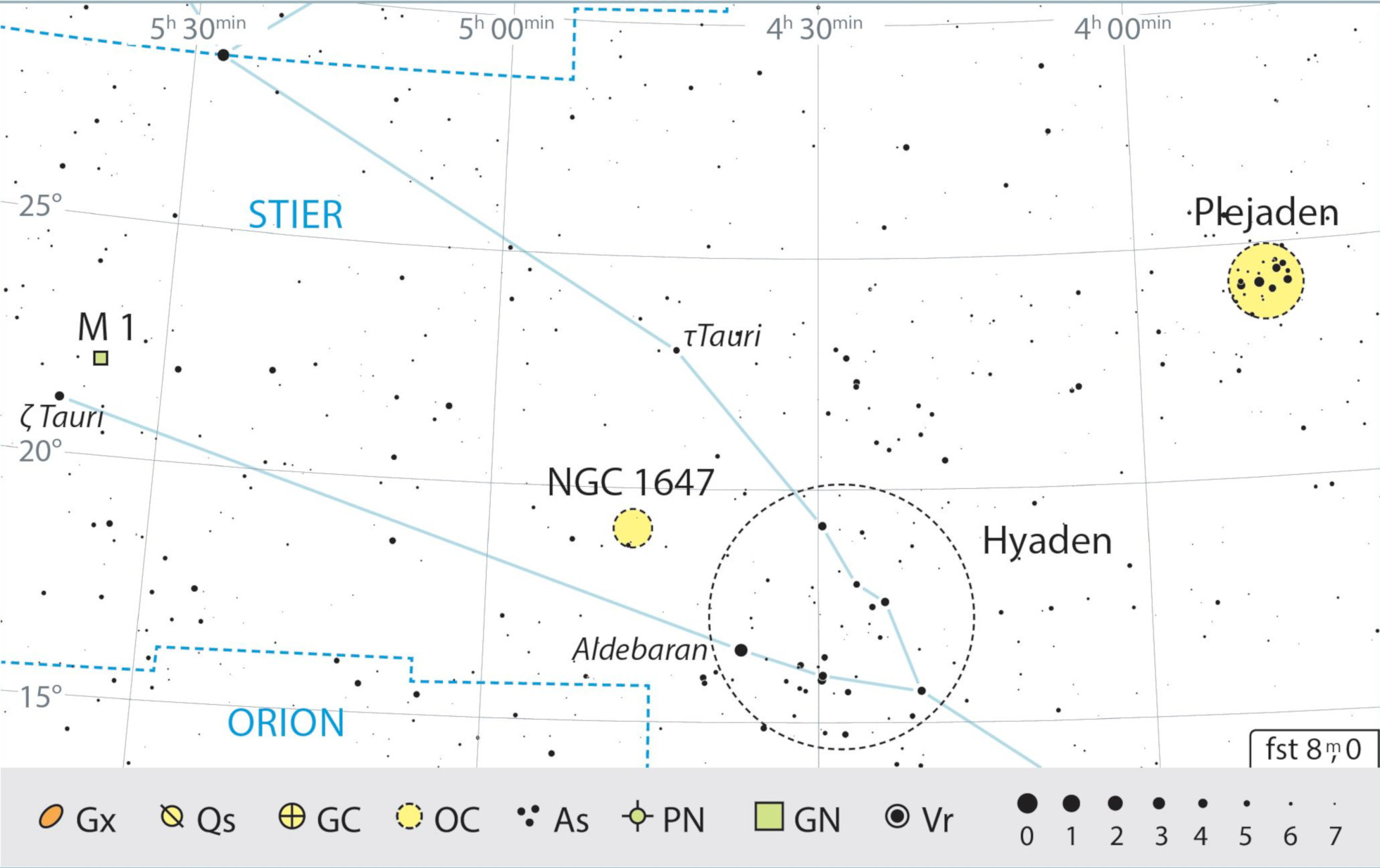 Harta constelației Taurul cu recomandările pentru observare. J. Scholte 