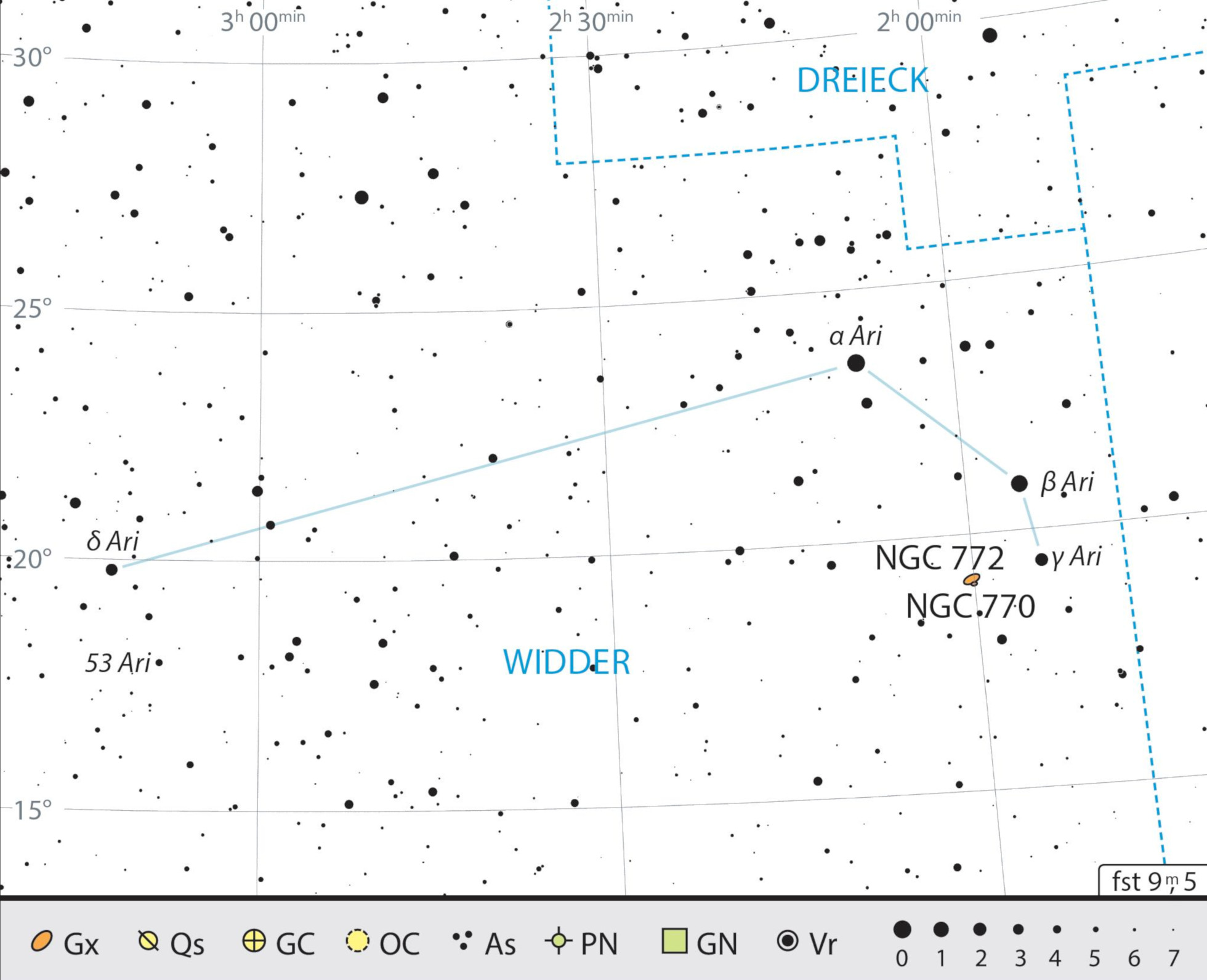 Harta constelației Berbecul cu recomandările pentru observare. 
