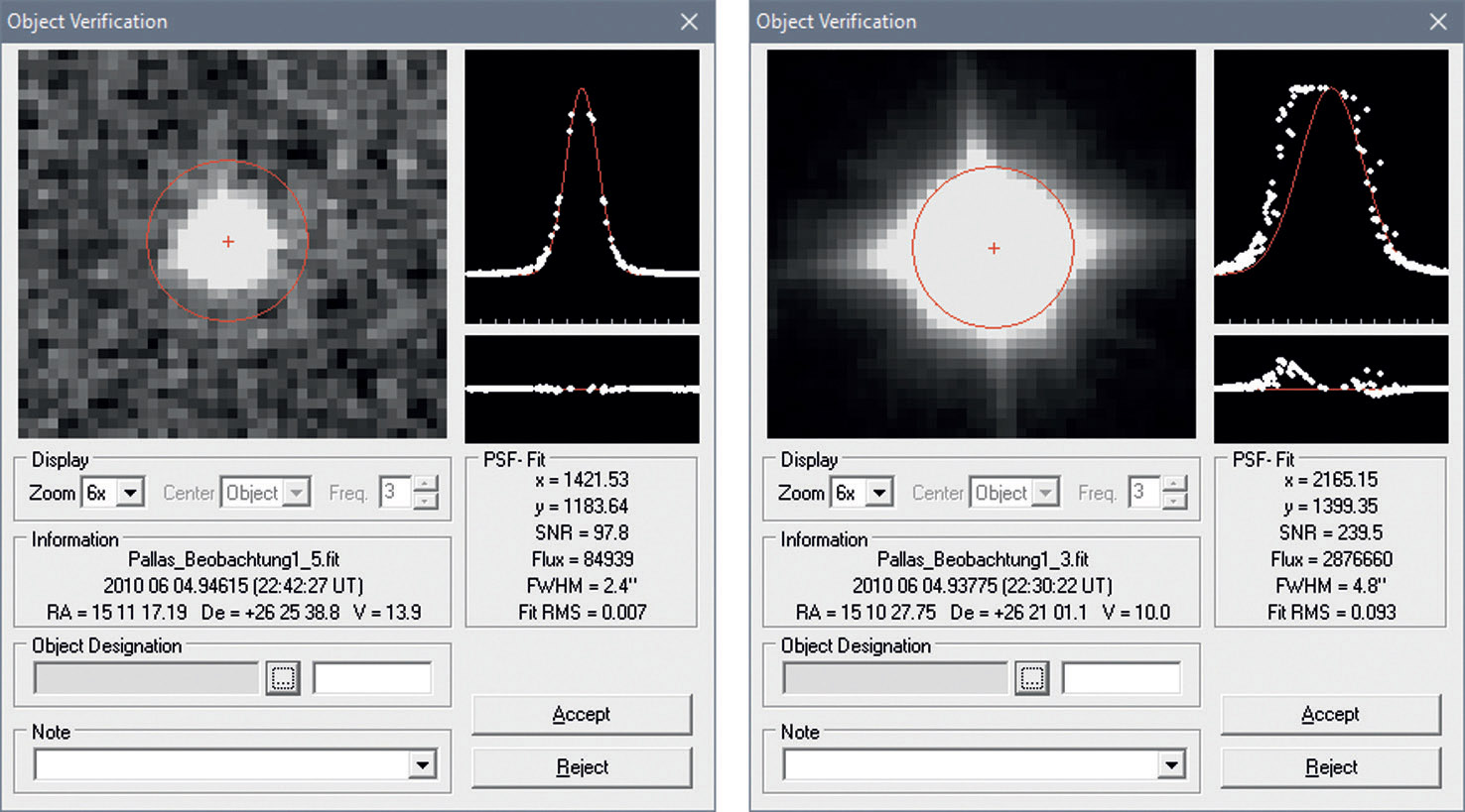 O bună ajustare a poziției unei planete mici în stânga și un exemplu de fotografie ratată din cauza supraexpunerii, în dreapta. M. Weigand