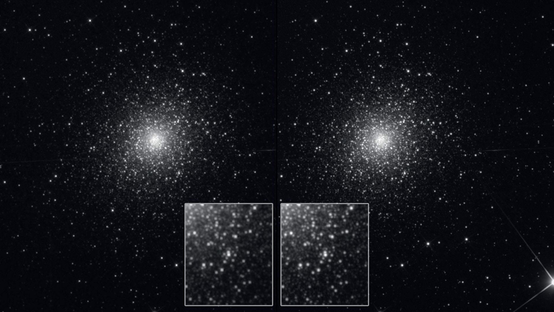 Roiul stelar globular M5, în stânga cu expunere normală, iar în dreapta, cu drizzle-stacking de 20 de fotografii a 300s fiecare. Versiunea normală a fost redimensionată, spre comparație, la aceeași scară ca fotografia cu drizzle. Configurarea fotografiei s-a făcut în zona de undersampling, ceea ce se poate observa din stelele care nu sunt reproduse în mod ideal și care apar oarecum pixelate. Un refractor cu o apertură de 105 mm și o distanță focală de 670 mm a fost echipat cu un aparat de fotografiat cu pixeli de 9μm. Prin urmare, samplingul este de 2,77"/pixel, cu o rezoluție teoretică de 1,14". Prin tehnica „drizzle” (rezultatul din dreapta) este posibilă o redare mai fină a densității mari de stele - perechile apropiate de stele sunt separate mai clar. M. Weigand