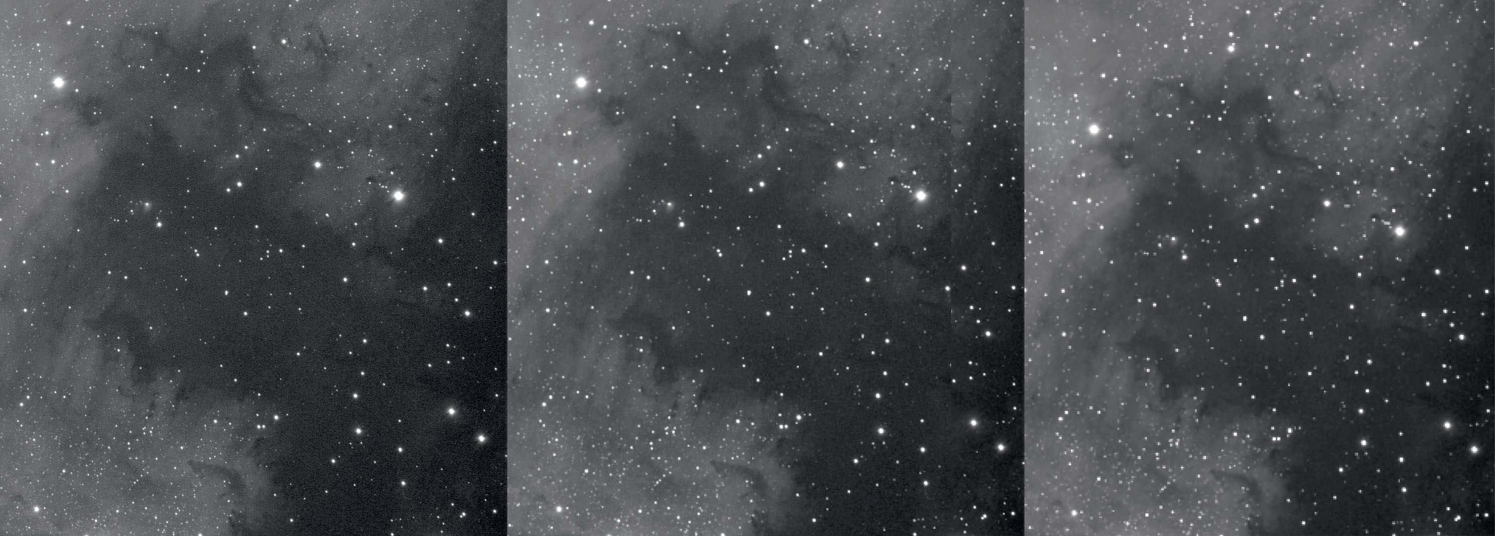 O secțiune a Nebuloasei America de Nord fără binning, cu binning 2x și cu binning 3x (de la stânga la dreapta). Binning reduce rezoluția și îmbunătățește raportul semnal-zgomot. M.Weigand