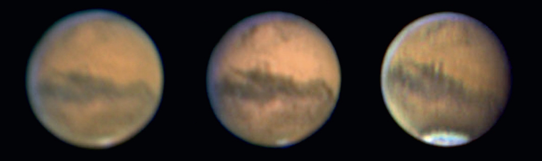 Fig. 4: Exemplu de utilizare a unui filtru de trecere IR: în 2003, Marte era situat, de asemenea, foarte jos pe cer. Cu un seeing slab (stânga), imaginea pare foarte neclară. Metoda IR-RGB (centru) furnizează structuri de albedo mai clare, dar nu are încă calitatea unei imagini RGB în condiții de seeing mai bun (dreapta). Toate imaginile au fost realizate cu un telescop Maksutov de 150 mm. Mario Weigand