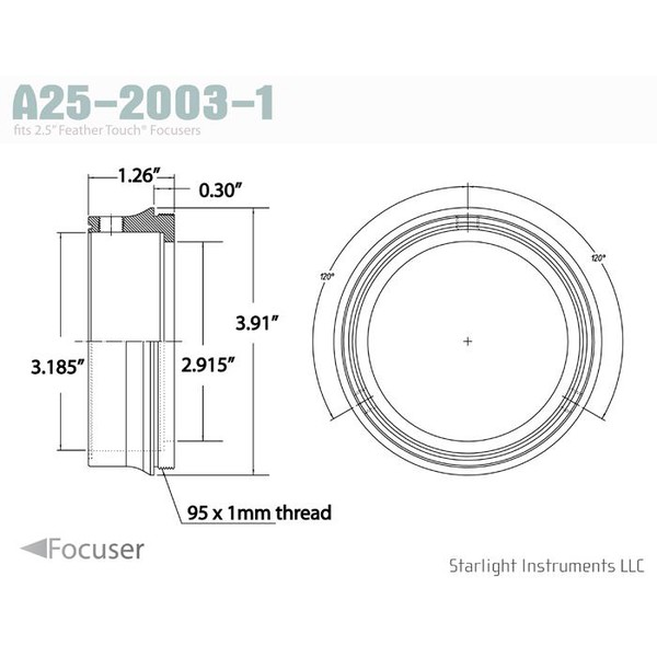 Starlight Instruments Adapter Adaptor 2.5" - filet tată 95x1mm , 0.9" L (Aceasta este seria noastră FTF25 de inele cuplate cu teflon)