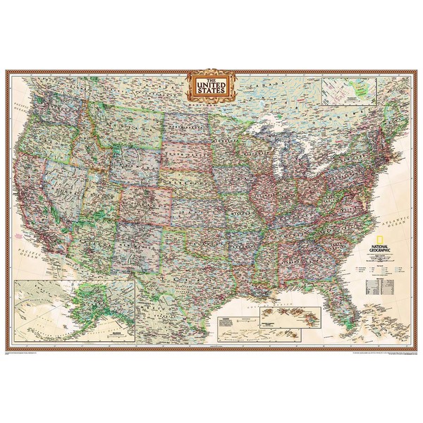National Geographic Harta politică SUA design antic, mare laminată