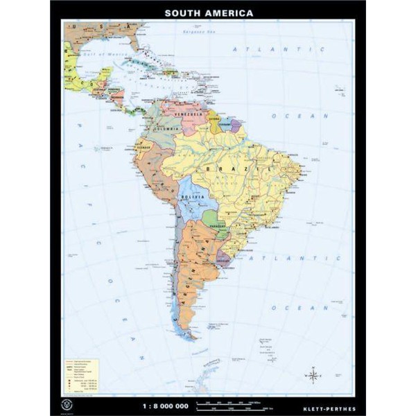 Klett-Perthes Verlag Harta continent America de Sud fizică / politică (ABW) faţă-verso