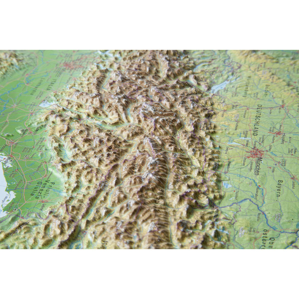 Georelief Harta in relief 3D a Alpilor, mare, in cadru de aluminiu (in germana)