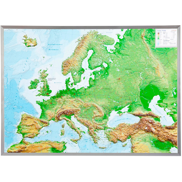 Georelief Hartă continentală Harta in relief 3D a Europei, mare, in cadru de aluminiu (in germana)