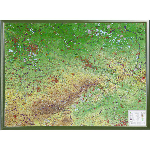 Georelief Harta in relief 3D Saxonia, mare, in cadru de lemn (in germana)