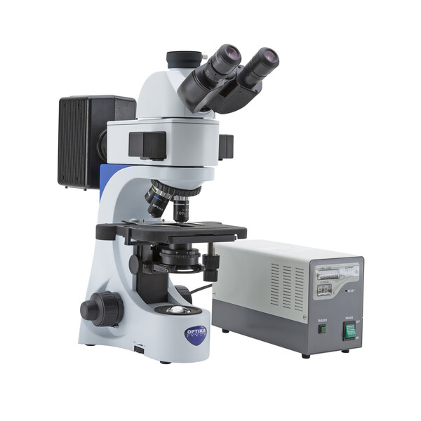Optika Microscop Mikroskop B-383FL-UK, trino, FL-HBO, B&G Filter, N-PLAN, IOS, 40x-1000x, UK