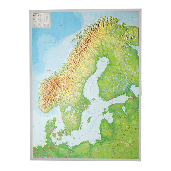 Georelief Harta 3D Scandinavia cu rama argintie din plastic, mare