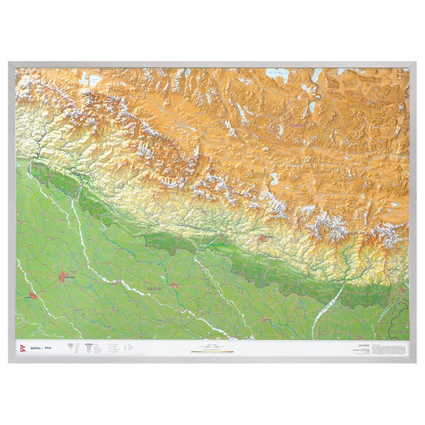 Georelief Harta regionala Nepal groß 3D mit Aluminiumrahmen