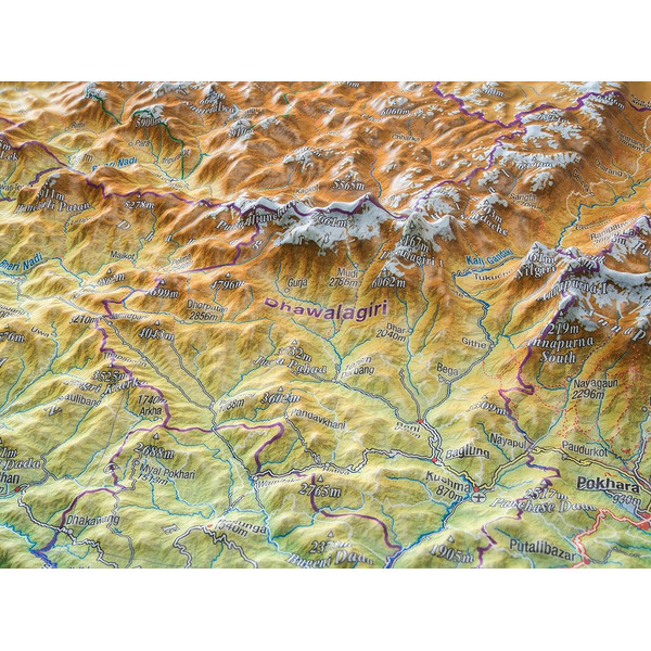 Georelief Harta regionala Nepal groß 3D mit Aluminiumrahmen