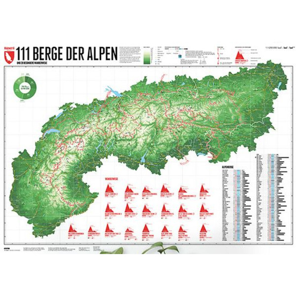 Marmota Maps Harta regionala Map of the Alps with 111 Mountains and 20 Mountain trails