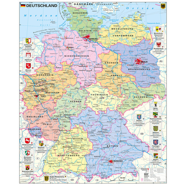 Stiefel Harta Deutschland politisch mit Wappen (97 x 119 cm)