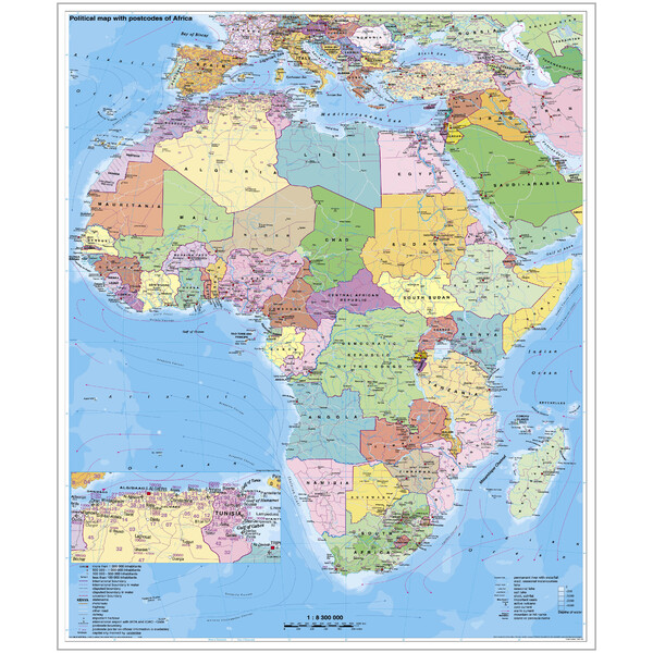 Carte des continents Stiefel Afrika politisch mit PLZ auf Platte zum Pinnen