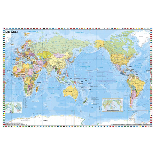 Stiefel Harta lumii Welt politisch pazifikzentriert mit Flaggenrand (98x68)