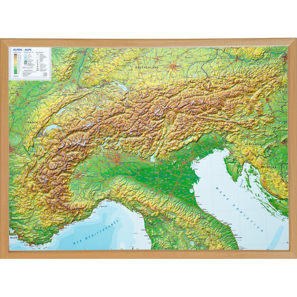 Georelief Harta in relief 3D a Alpilor, mare, in cadru de lemn (in germana)