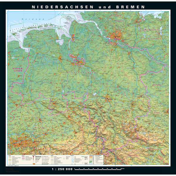 PONS Harta regionala Saxonia Inferioară și Bremen fizică & politică (148 x 150 cm)