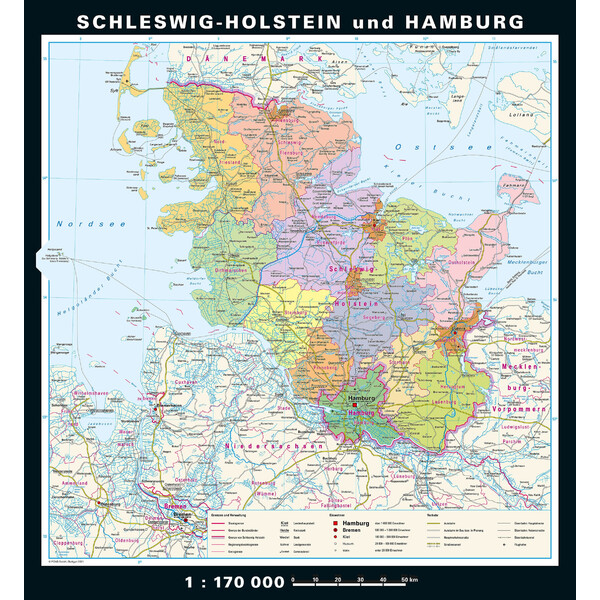 PONS Harta regionala Schleswig-Holstein și Hamburg fizică & politică (148 x 175 cm)
