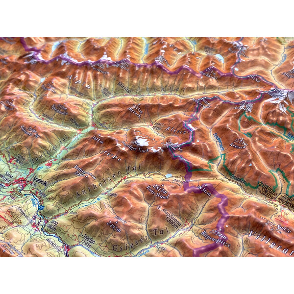 Georelief Harta regionala Tirol (77 x 57 cm) 3D Reliefkarte mit Alu-Rahmen