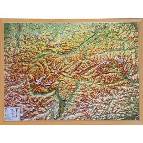 Georelief Harta regionala Tirol (78 x 58 cm) hartă 3D în relief cu Rama din lemn