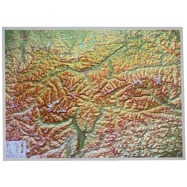 Georelief Harta regionala Tirol (77 x 57 cm) 3D Reliefkarte mit Alu-Rahmen