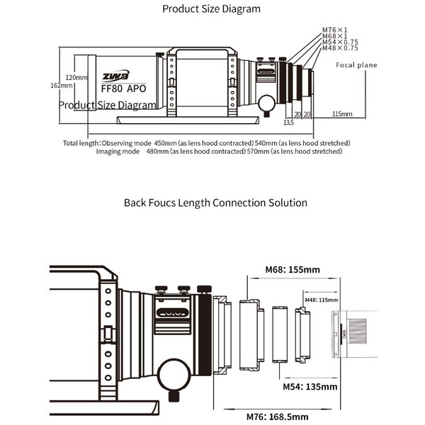 ZWO Refractor apochromat FF80 AP 80/600 Quadruplet OTA