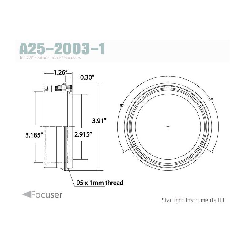 Starlight Instruments Adaptor 2.5" - filet tată 95x1mm , 0.9" L (Aceasta este seria noastră FTF25 de inele cuplate cu teflon)