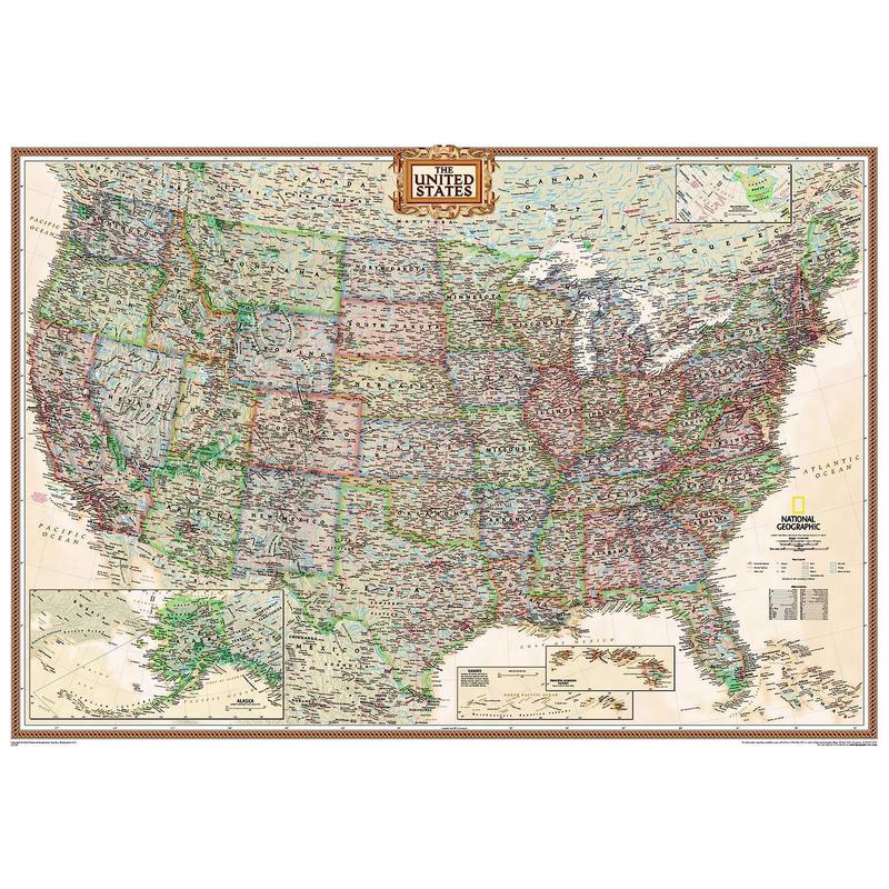 National Geographic Harta politică SUA design antic, mare