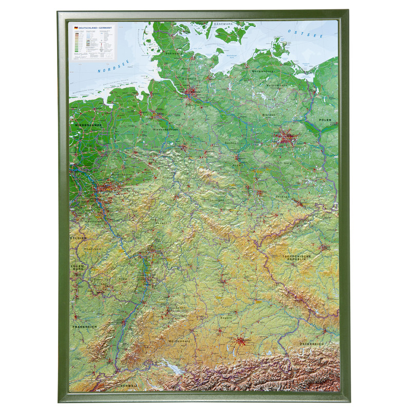 Georelief Harta in relief 3D a Germaniei, mare, in cadru de lemn (in germana)