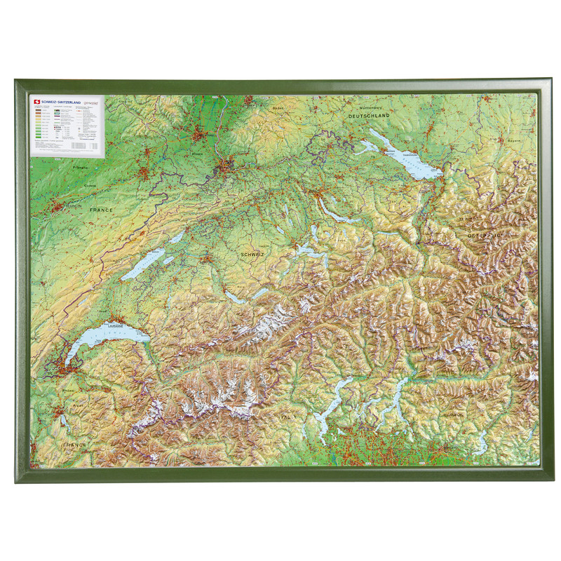 Georelief Harta in relief 3D a Elvetiei, mare, in cadru de lemn (in germana)