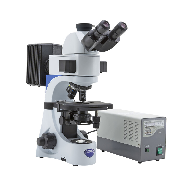 Optika Microscop B-383FL-UK, trino, FL-HBO, Filtru B&G, N-PLAN, IOS, 40x-1000x, UK