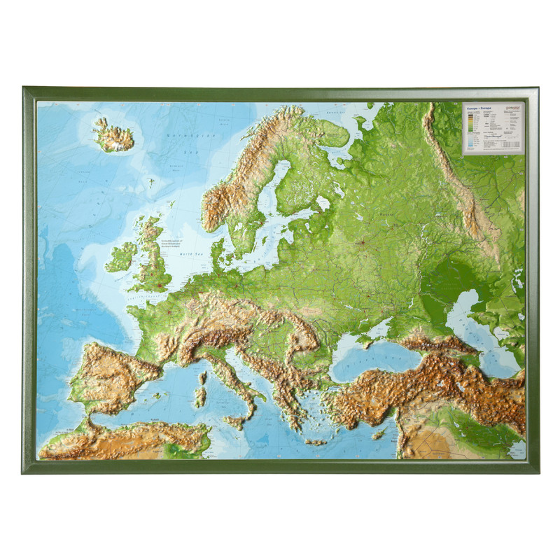 Georelief Hartă continentală Harta Europei in relief mare, 3D, in cadru de lemn
