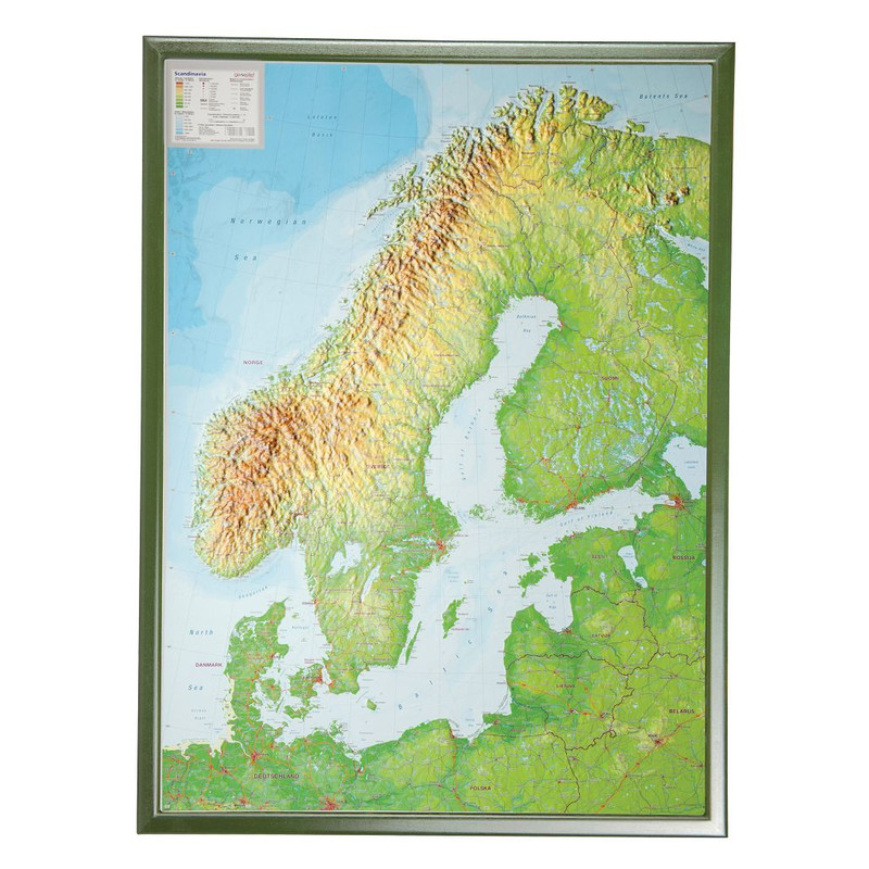 Georelief Harta 3D Scandinavia cu rama argintie din plastic, mare