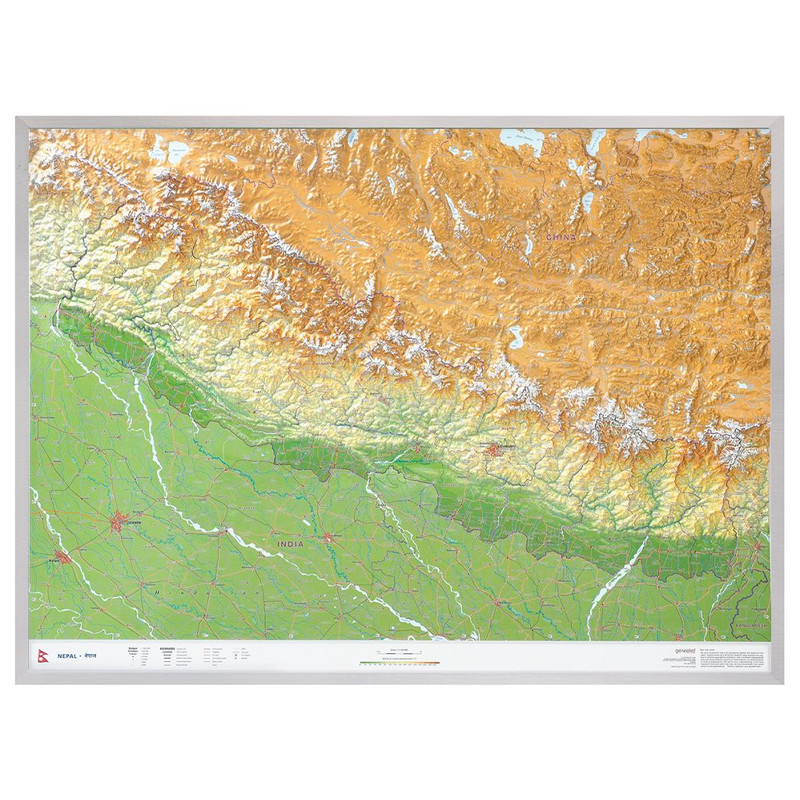 Georelief Harta regionala Nepal groß 3D mit Aluminiumrahmen