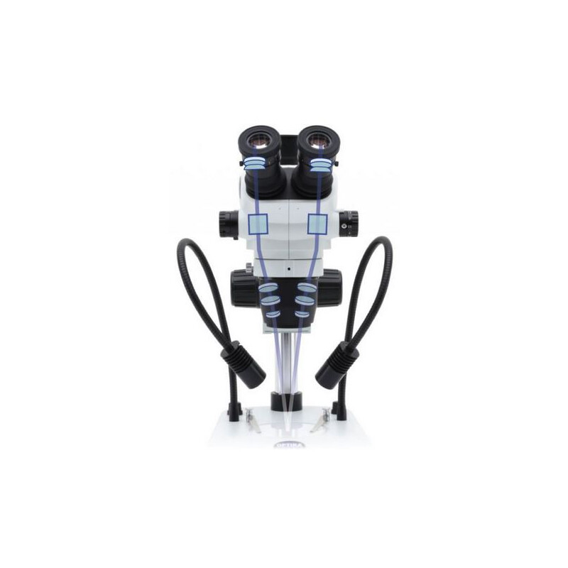 Optika microscopul stereoscopic zoom SZO-2, trino, 6.7-45x, Säulenstativ, ohne Beleuchtung