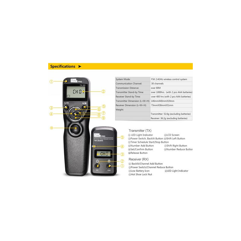 Pixel Temporizator declanșator wireless TW-283/N3 pentru Canon