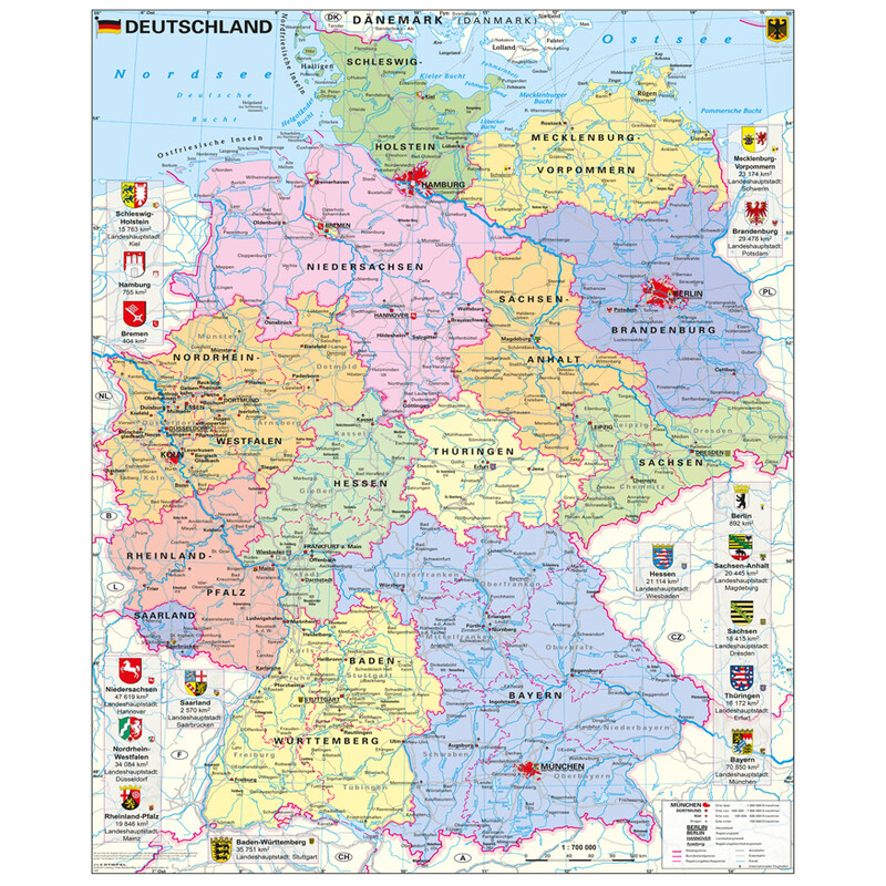 Stiefel Harta Deutschland politisch mit Wappen (97 x 119 cm)