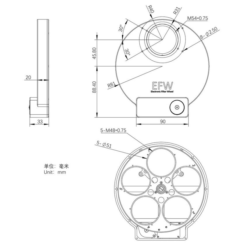 ZWO Roata filtre Filterrad EFW 5x2"