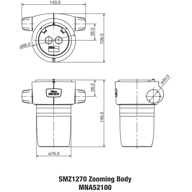 Nikon SMZ-1270 Stereo Zoom Head, bino, 6.3-80x, click stop, ratio 12.7:1, 64 mm, 20°, WD 70 mm