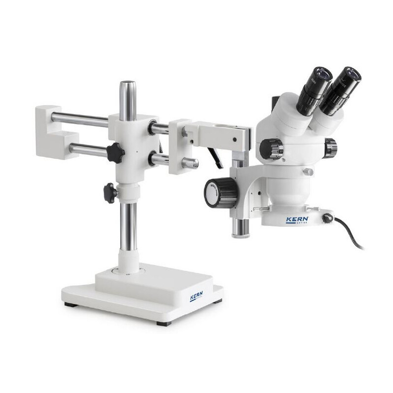 Kern microscopul stereoscopic zoom OZM 923, trino, 7-45x, HSWF 10x23 mm, Trepied braț dublu, 430x480mm, w. masă, Lumina circulara LED 4.5 W
