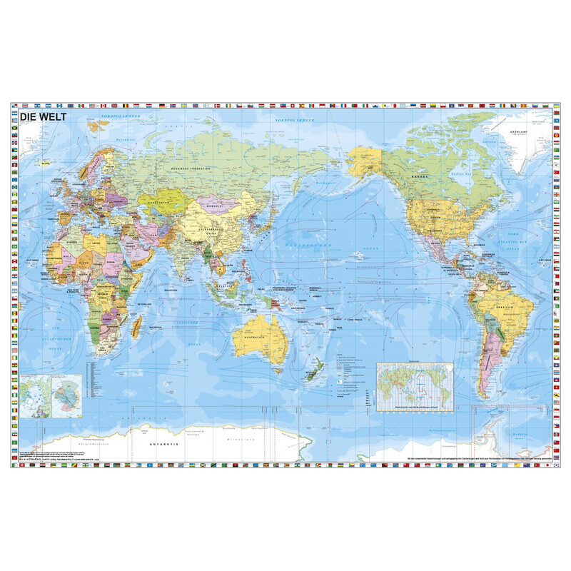 Stiefel Harta lumii Welt politisch pazifikzentriert mit Flaggenrand (98x68)