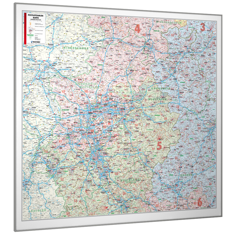 Bacher Verlag Harta regionala Renania de Nord-Westfalia cu coduri poștale (152 x 150 cm)