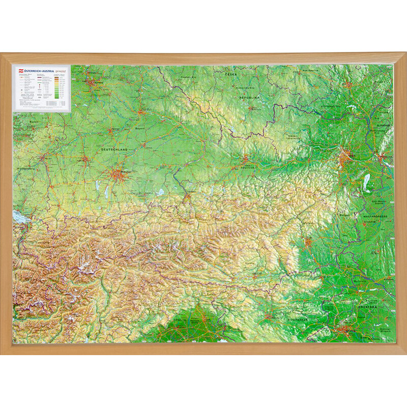 Georelief Harta in relief 3D a Austriei, mare, in cadru de lemn (in germana)