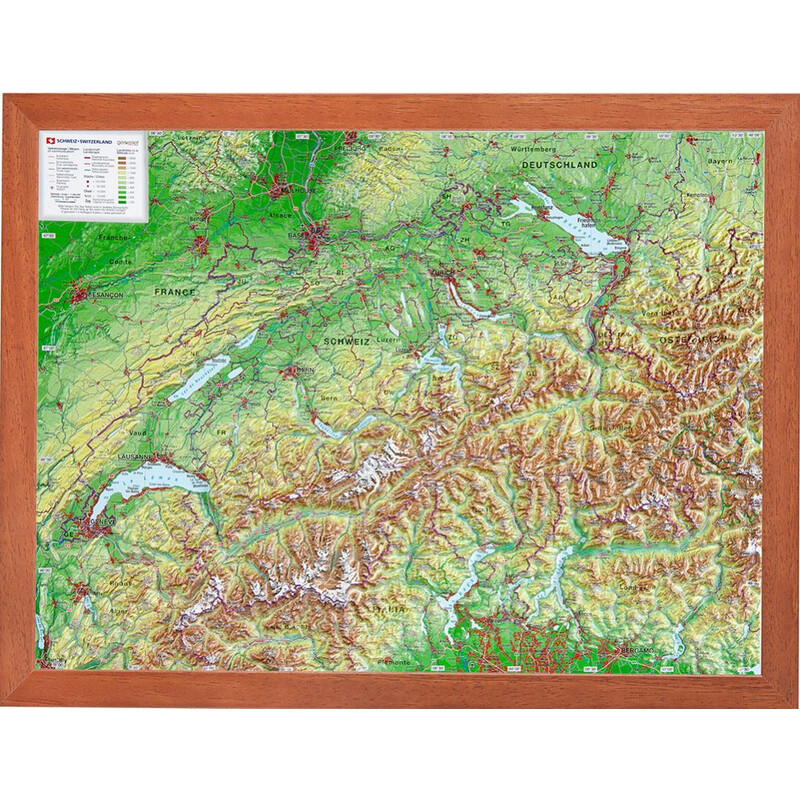 Georelief Harta 3D în relief cu rame de lemn a regiunii de origine a Elveției (39x29)