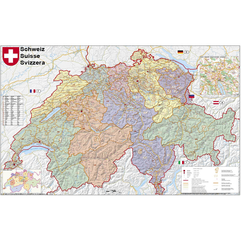 Stiefel Harta Schweiz politisch mit Postleitzahlen (95 x 62 cm)