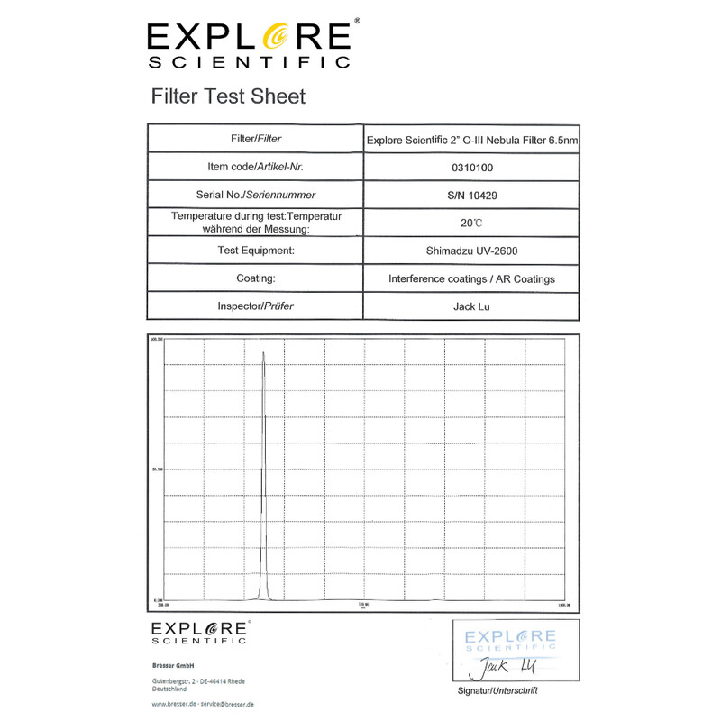 Explore Scientific Filtre OIII 6,5nm 2"