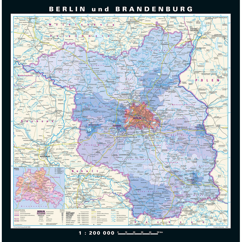 PONS Harta regionala Berlin-Brandenburg physisch/politisch (148 x 150 cm)