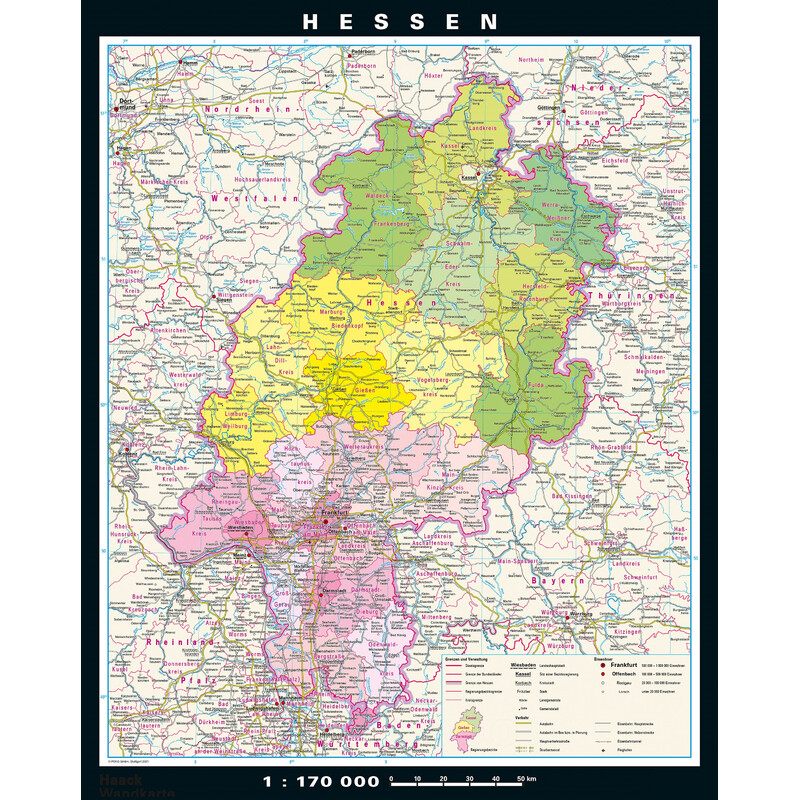 PONS Harta regionala Hessen fizică & politică (148 x 183 cm)