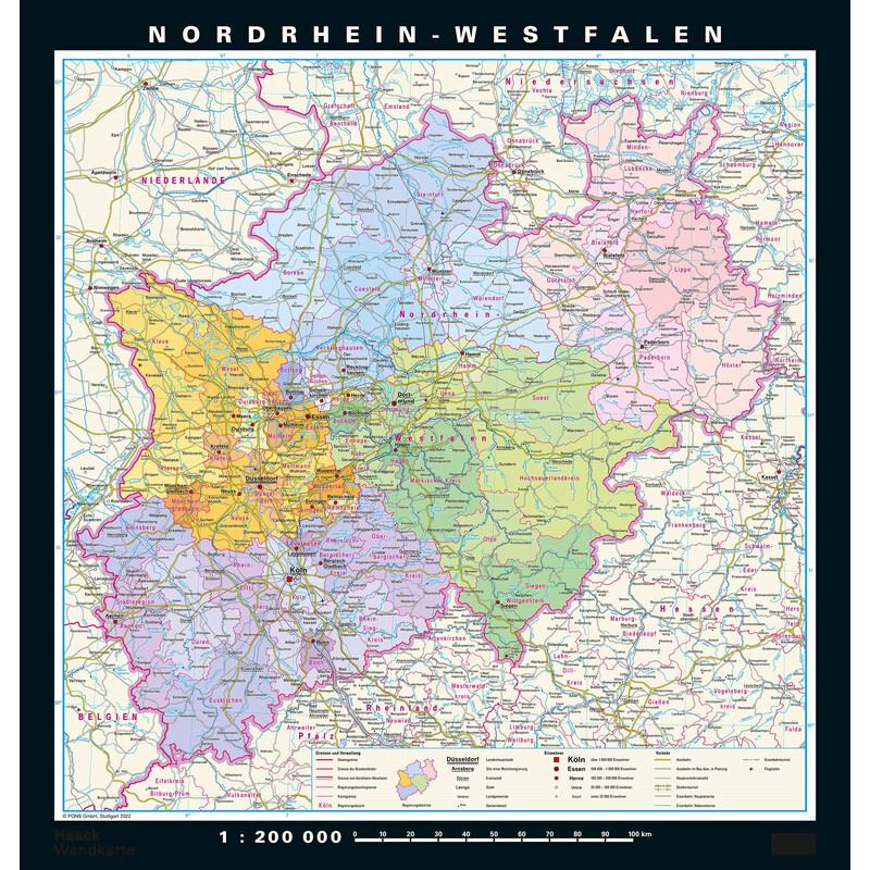 PONS Harta regionala Renania de Nord-Westfalia fizică & politică (148 x 155 cm)